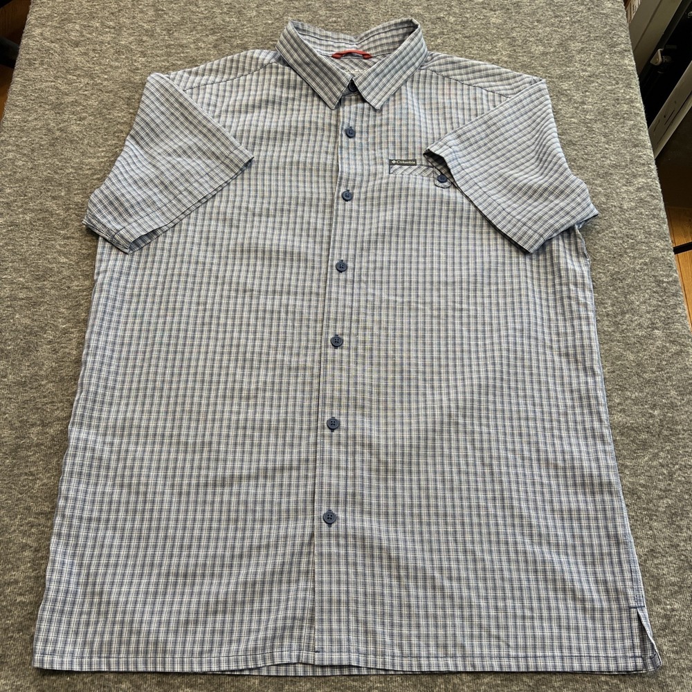 Columbia Omni Shade Shirt Mens L Short Sleeve Sun Protect Button‎ Up Blue Plaid